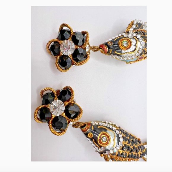 1980's Vintage Articulated Fish Earrings - Picture 2 of 3